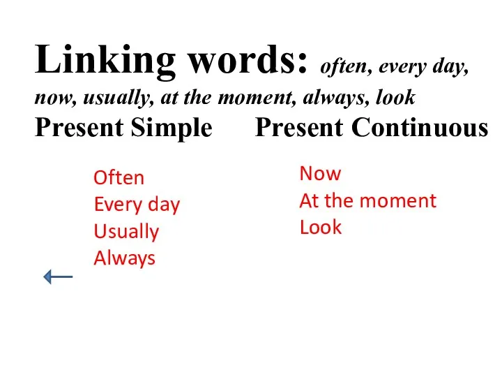 Linking words: often, every day, now, usually, at the moment,