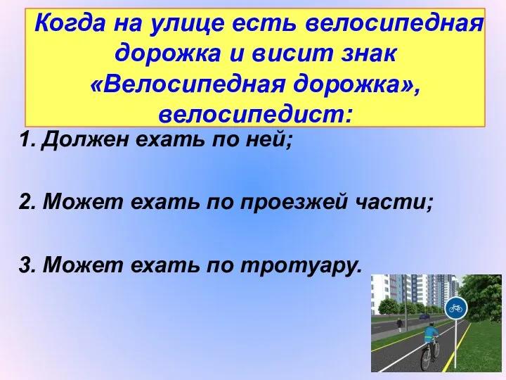 Когда на улице есть велосипедная дорожка и висит знак «Велосипедная