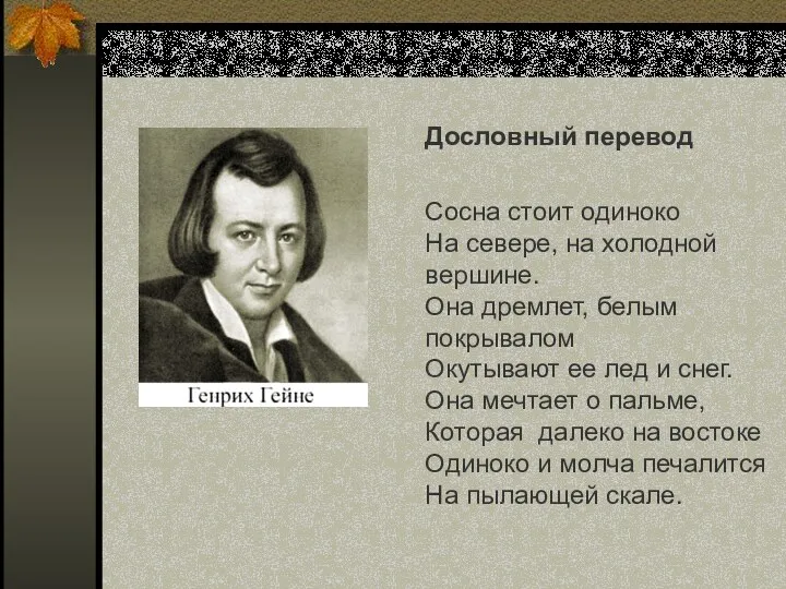 Дословный перевод Сосна стоит одиноко На севере, на холодной вершине.