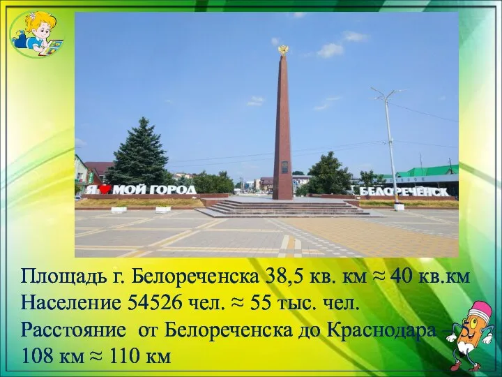 Площадь г. Белореченска 38,5 кв. км ≈ 40 кв.км Население