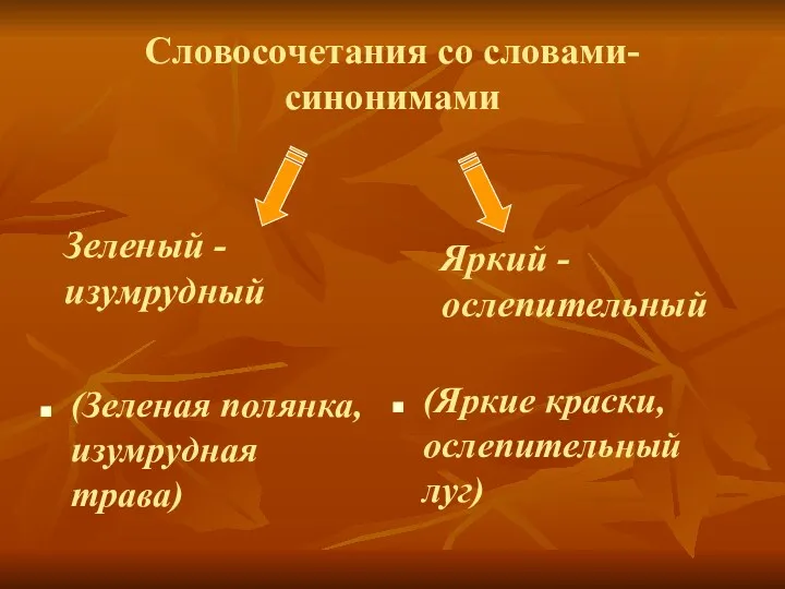 Словосочетания со словами-синонимами Зеленый - изумрудный Яркий - ослепительный (Зеленая