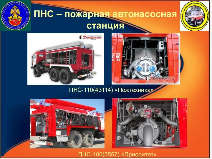 ПНС-110(43114) «Пожтехника» ПНС – пожарная автонасосная станция ПНС-100(5557) «Приоритет»