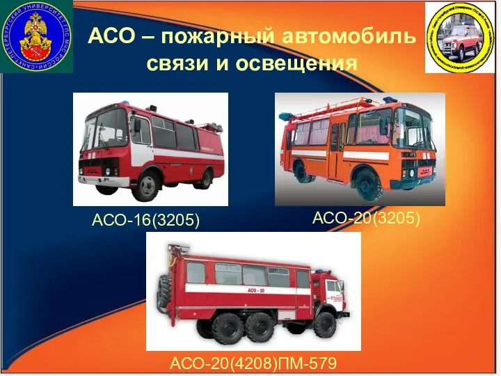 АСО-20(4208)ПМ-579 АСО – пожарный автомобиль связи и освещения АСО-20(3205) АСО-16(3205)