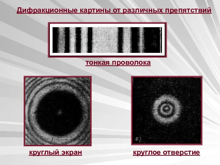 Дифракционные картины от различных препятствий тонкая проволока круглый экран круглое отверстие