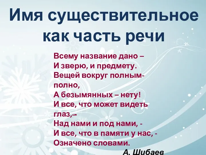 Имя существительное как часть речи Всему название дано – И