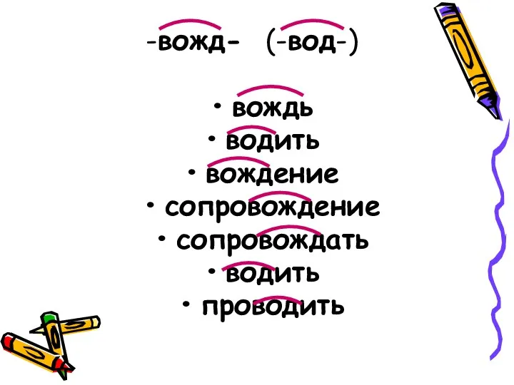 -вожд- вождь водить вождение сопровождение сопровождать водить проводить (-вод-)