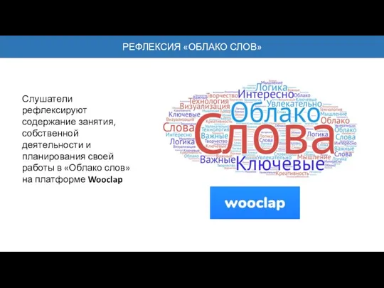 РЕФЛЕКСИЯ «ОБЛАКО СЛОВ» Слушатели рефлексируют содержание занятия, собственной деятельности и