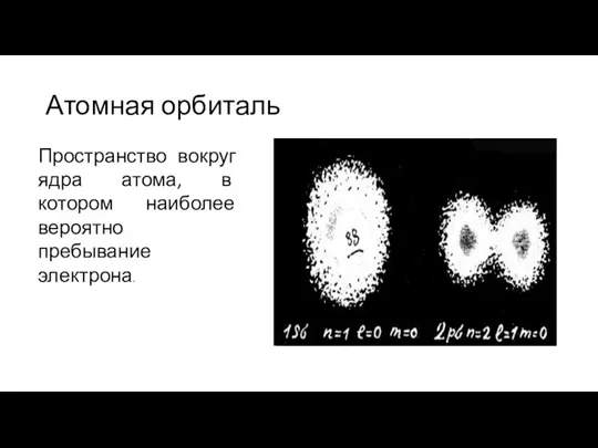 Атомная орбиталь Пространство вокруг ядра атома, в котором наиболее вероятно пребывание электрона.