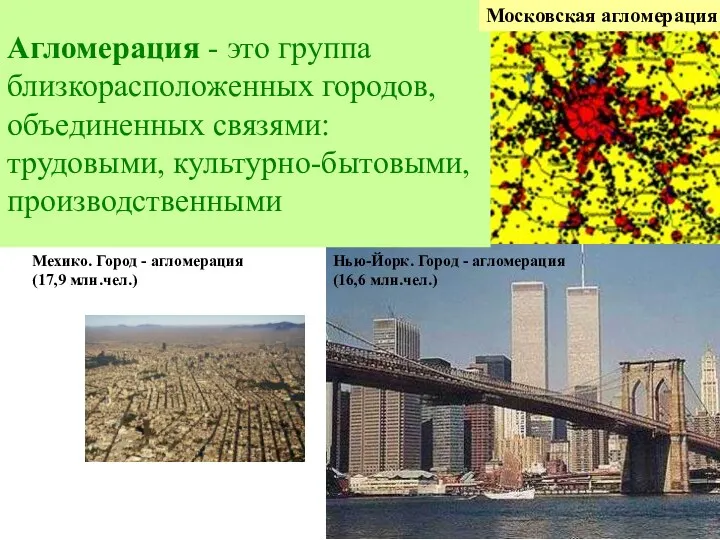 Агломерация - это группа близкорасположенных городов, объединенных связями: трудовыми, культурно-бытовыми,