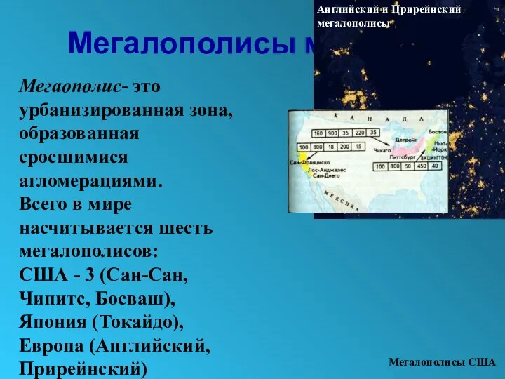 Мегалополисы мира Мегаополис- это урбанизированная зона, образованная сросшимися агломерациями. Всего