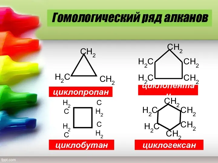 циклопропан циклобутан циклопентан циклогексан Гомологический ряд алканов