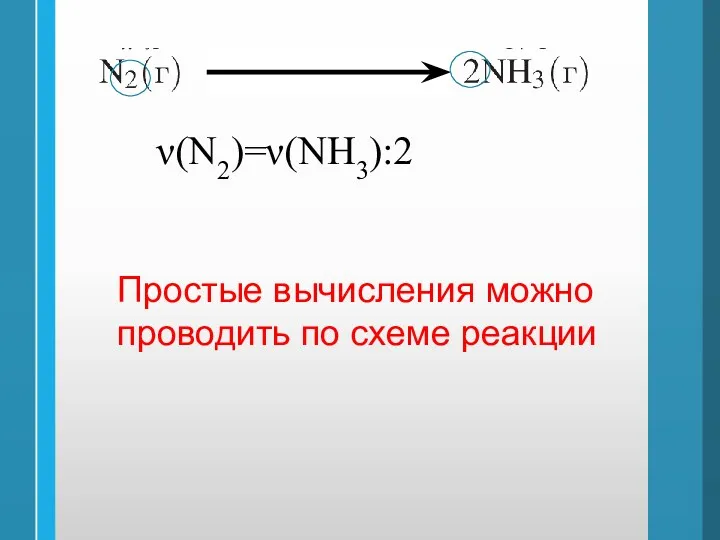 ν(N2)=ν(NH3):2 Простые вычисления можно проводить по схеме реакции