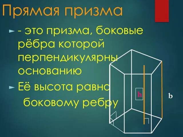 Прямая призма - это призма, боковые рёбра которой перпендикулярны основанию Её высота равна боковому ребру b