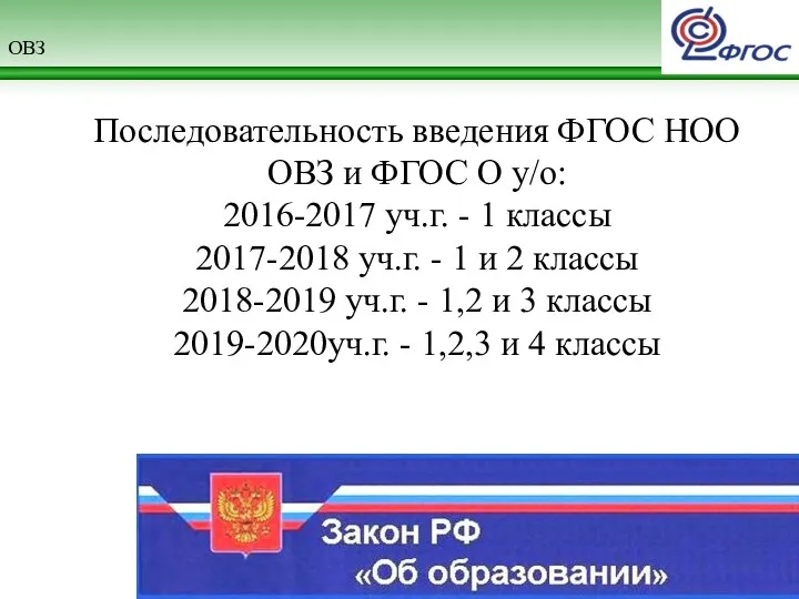 ОВЗ Последовательность введения ФГОС НОО ОВЗ и ФГОС О у/о: