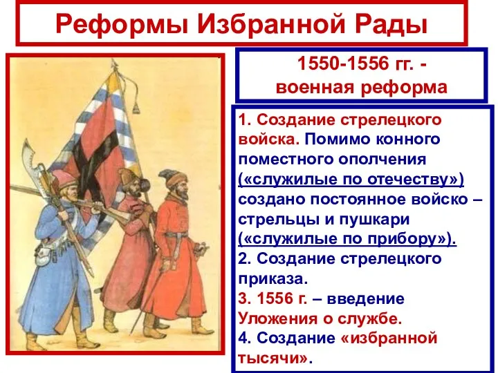 Реформы Избранной Рады 1550-1556 гг. - военная реформа 1. Создание