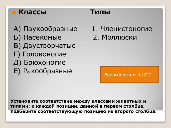 Установите соответствие между классами животных и типами: к каждой позиции,