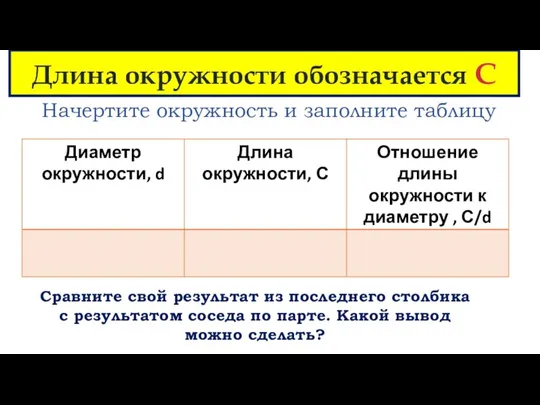 Длина окружности обозначается С Начертите окружность и заполните таблицу Сравните