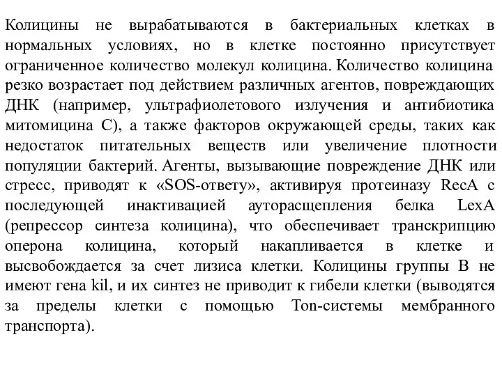 Колицины не вырабатываются в бактериальных клетках в нормальных условиях, но