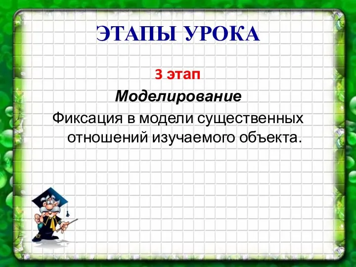 ЭТАПЫ УРОКА 3 этап Моделирование Фиксация в модели существенных отношений изучаемого объекта.