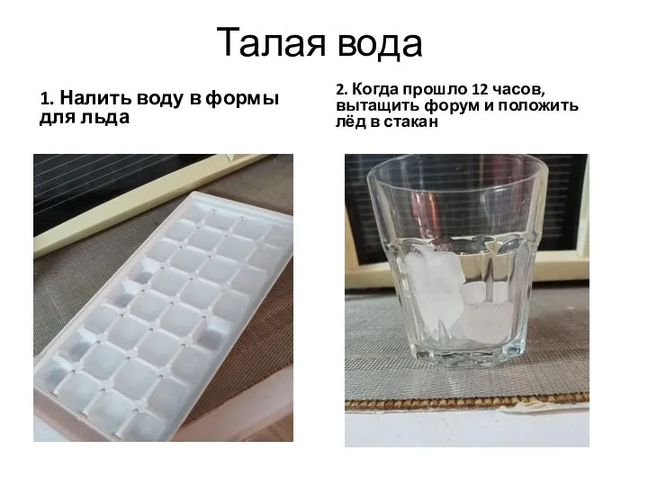 Талая вода 1. Налить воду в формы для льда 2.