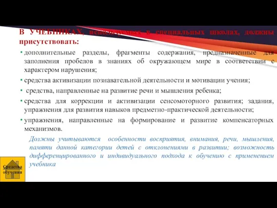 В УЧЕБНИКАХ, используемых в специальных школах, должны присутствовать: дополнительные разделы,