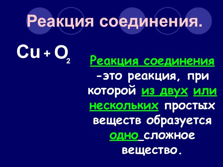 Реакция соединения. Cu O 2 + Реакция соединения -это реакция,