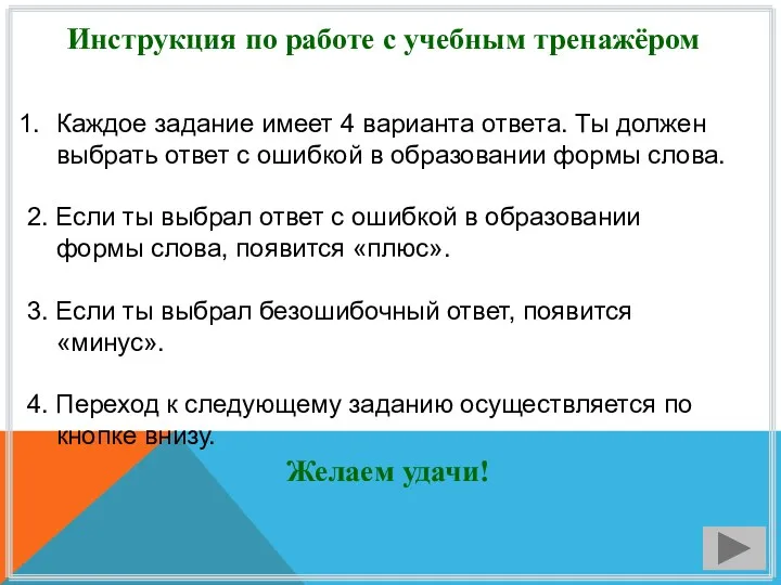 Инструкция по работе с учебным тренажёром Каждое задание имеет 4