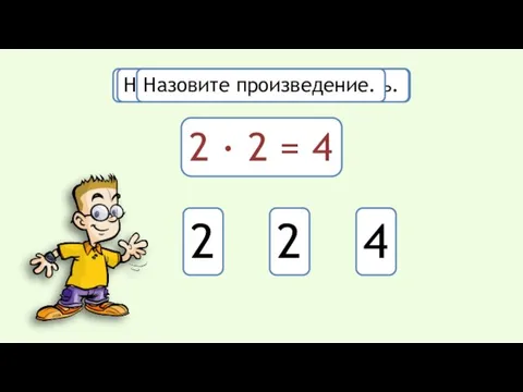 Назовите первый множитель. 2 · 2 = 4 2 Назовите второй множитель. 2 Назовите произведение. 4