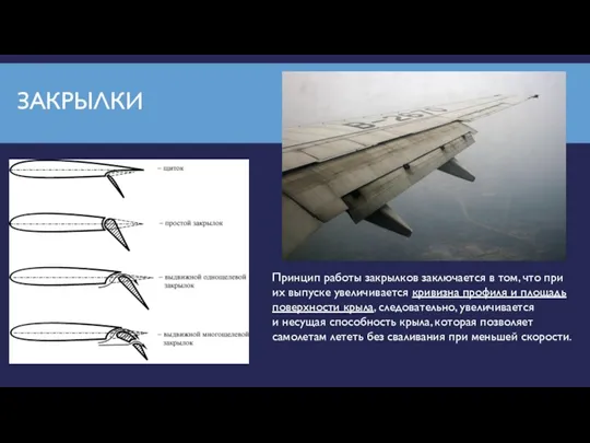 ЗАКРЫЛКИ Принцип работы закрылков заключается в том, что при их