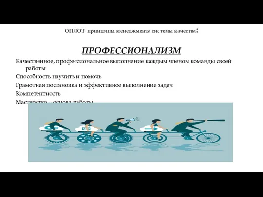 ОПЛОТ принципы менеджмента системы качества: ПРОФЕССИОНАЛИЗМ Качественное, профессиональное выполнение каждым