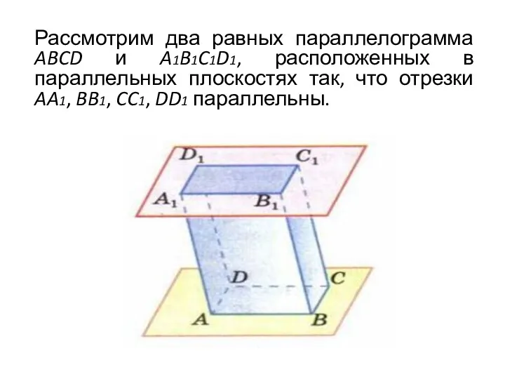 Рассмотрим два равных параллелограмма ABCD и A1B1C1D1, расположенных в параллельных