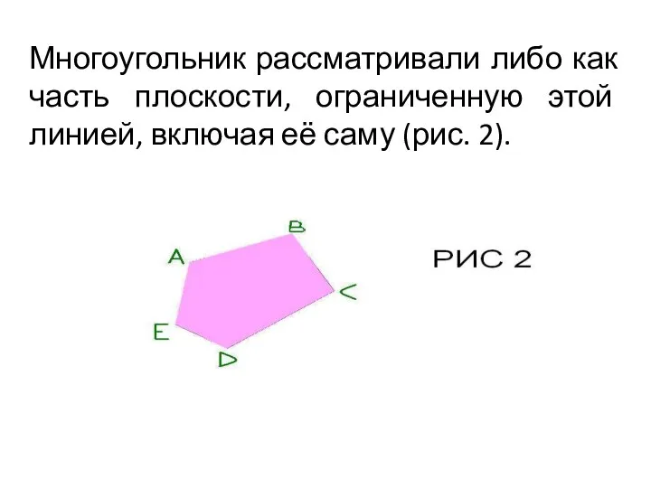 Многоугольник рассматривали либо как часть плоскости, ограниченную этой линией, включая её саму (рис. 2).