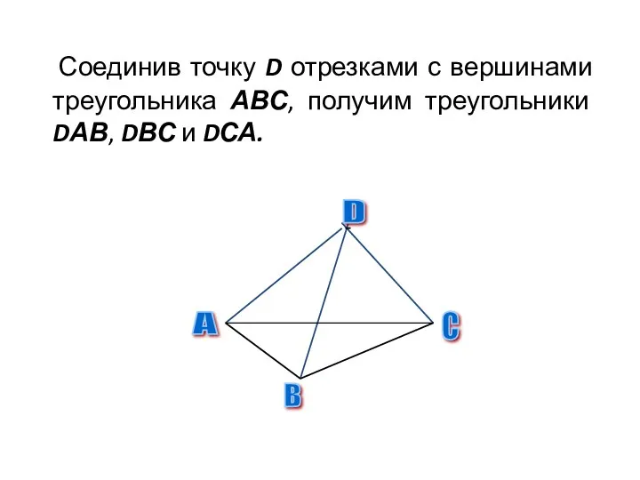 Соединив точку D отрезками с вершинами треугольника АВС, получим треугольники DАВ, DВС и DСА.