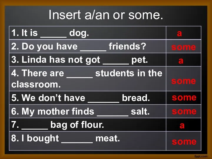 Insert a/an or some. a some a some some some a some