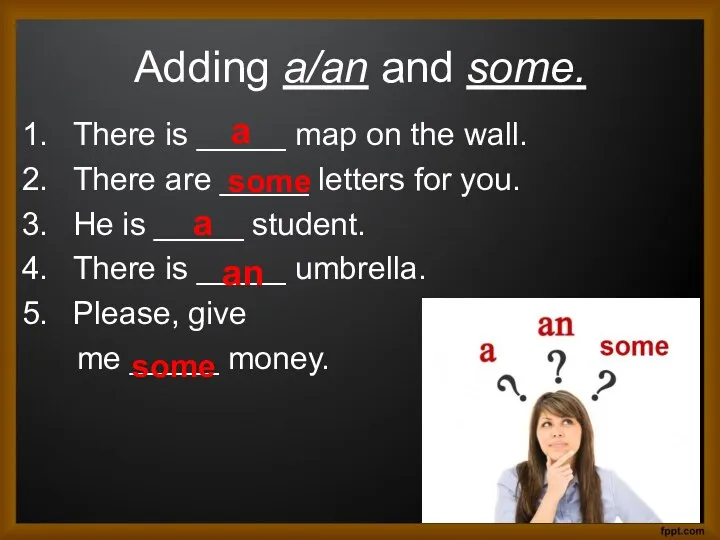 Adding a/an and some. There is _____ map on the