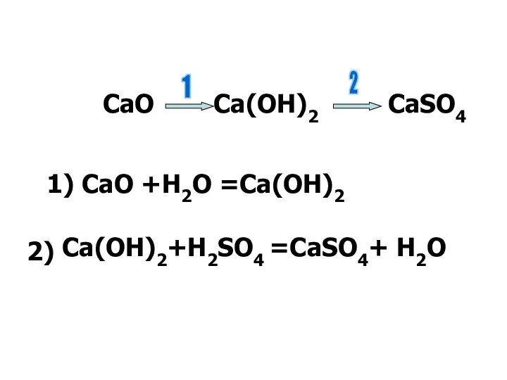 CaO Ca(OH)2 CaSO4 1 2 CaO +H2O =Ca(OH)2 Ca(OH)2+H2SO4 =CaSO4+ H2O 1) 2)