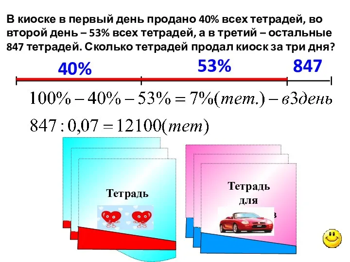 847 В киоске в первый день продано 40% всех тетрадей,