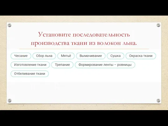 Установите последовательность производства ткани из волокон льна.