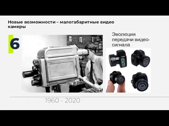 Эволюция передачи видео-сигнала Новые возможности – малогабаритные видео камеры 6 1960 - 2020