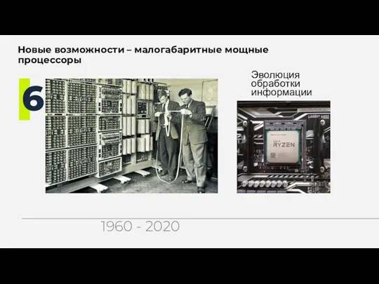 Эволюция обработки информации Новые возможности – малогабаритные мощные процессоры 6 1960 - 2020