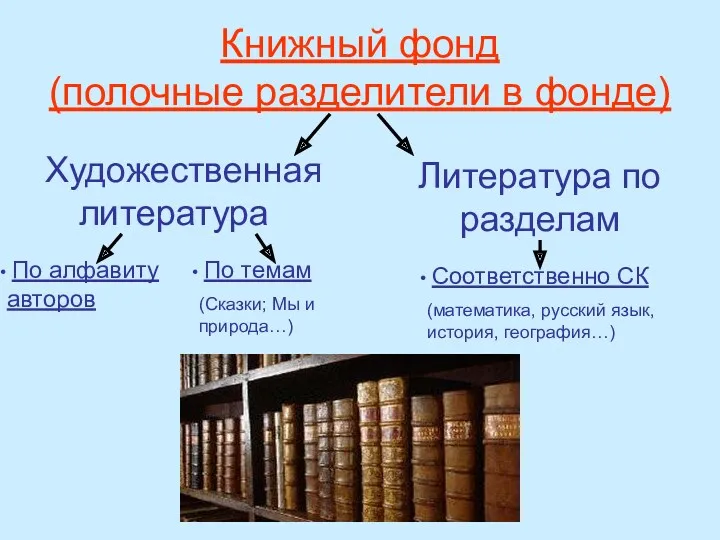 Книжный фонд (полочные разделители в фонде) Художественная литература Литература по