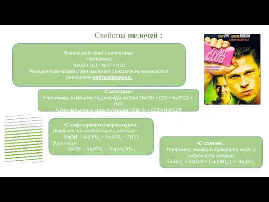 Свойства щелочей : Взаимодействие с кислотами. Например: NaOH + HCl