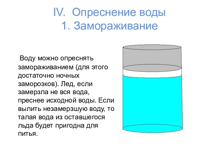 IV. Опреснение воды 1. Замораживание Воду можно опреснять замораживанием (для