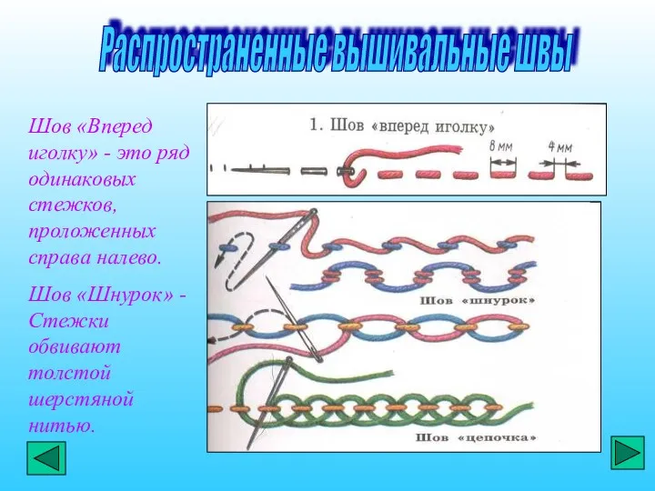 Шов «Вперед иголку» - это ряд одинаковых стежков,проложенных справа налево.