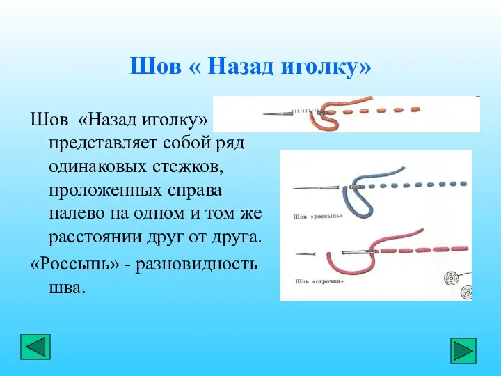 Шов « Назад иголку» Шов «Назад иголку» представляет собой ряд