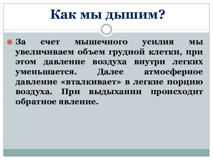 Как мы дышим? За счет мышечного усилия мы увеличиваем объем