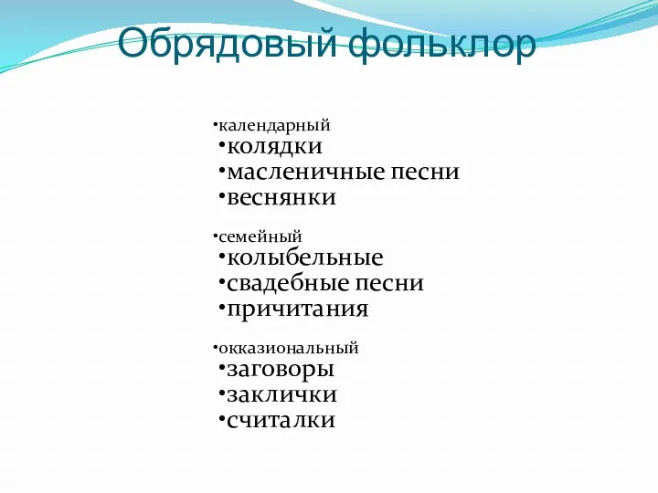 Обрядовый фольклор календарный колядки масленичные песни веснянки семейный колыбельные свадебные песни причитания окказиональный заговоры заклички считалки