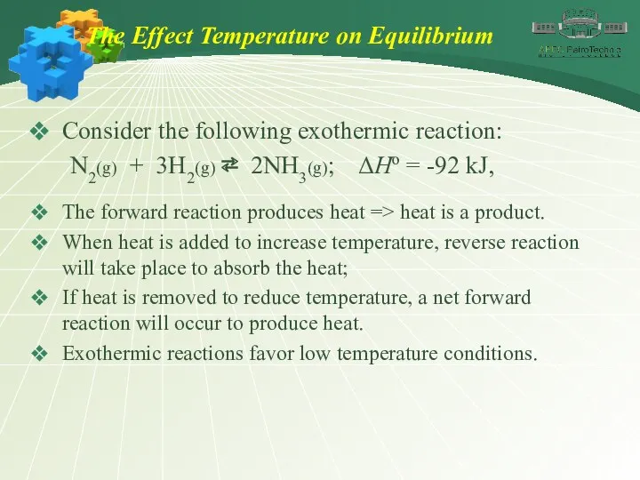The Effect Temperature on Equilibrium Consider the following exothermic reaction: