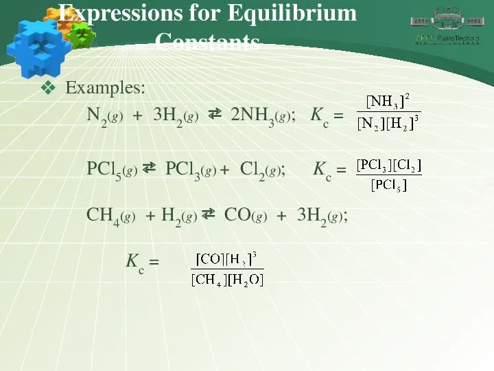 Expressions for Equilibrium Constants Examples: N2(g) + 3H2(g) ⇄ 2NH3(g);