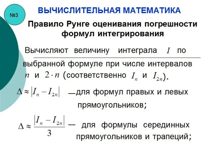 №3 ВЫЧИСЛИТЕЛЬНАЯ МАТЕМАТИКА Правило Рунге оценивания погрешности формул интегрирования Вычисляют